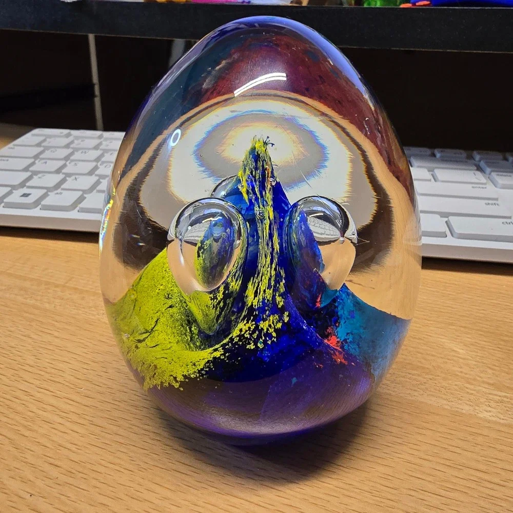 Vintage Art Glass Egg Paperweight Blue Yellow Red Controlled Bubble Swirl 3.75in